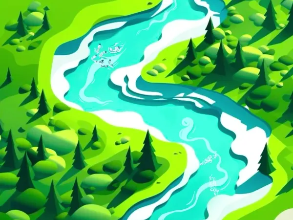 Trash floating down river into bubble barriers.